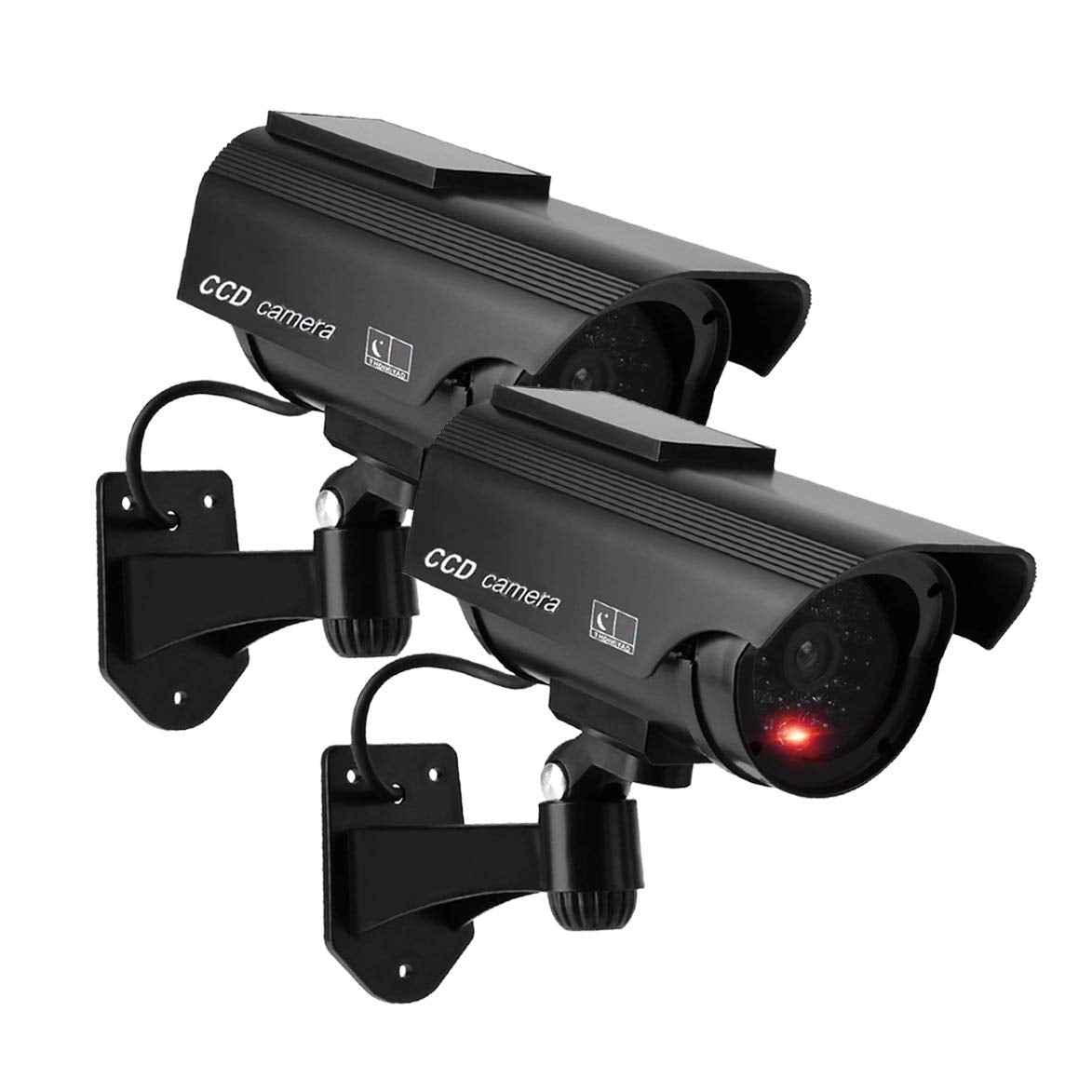 YSUCAU Solar Powered Bullet Dummy Fake Simulated Surveillance Security CCTV Dome Camera Indoor/Outdoor Use with Flashing Red LED Light & Warning Security Alert Sticker Decal 2 Packs Black