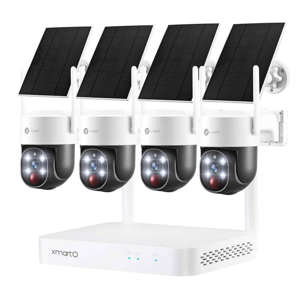 XMARTO 100% Wire-Free Solar PTZ Home Security Camera System Wireless 4-Set 2K 4MP QHD CCTV Camera Kit with 4K 10CH Expandable WiFi NVR and Past 90-Day Video Storage All-Weather Solar Charge