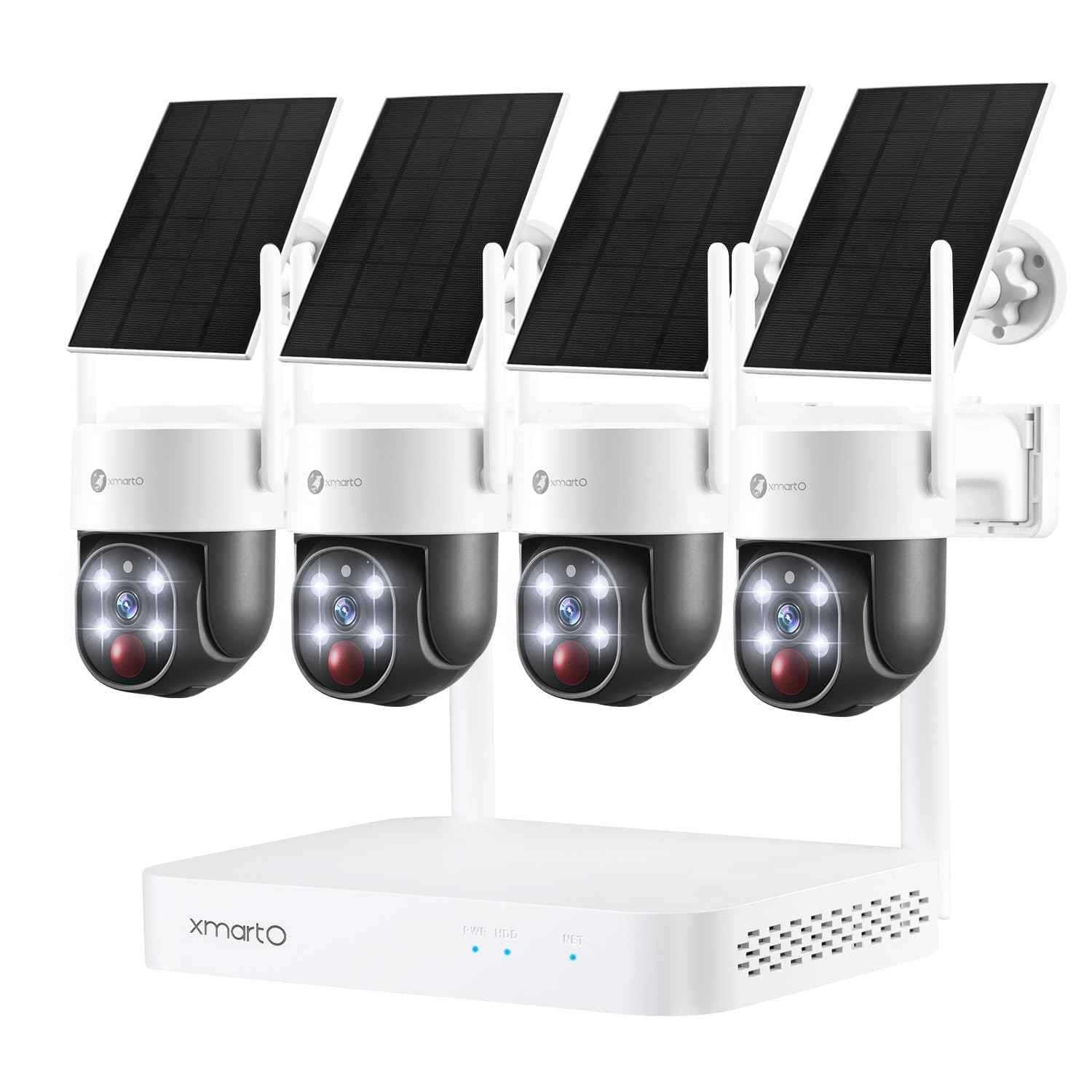 XMARTO 100% Wire-Free Solar PTZ Home Security Camera System Wireless 4-Set 2K 4MP QHD CCTV Camera Kit with 4K 10CH Expandable WiFi NVR and Past 90-Day Video Storage All-Weather Solar Charge