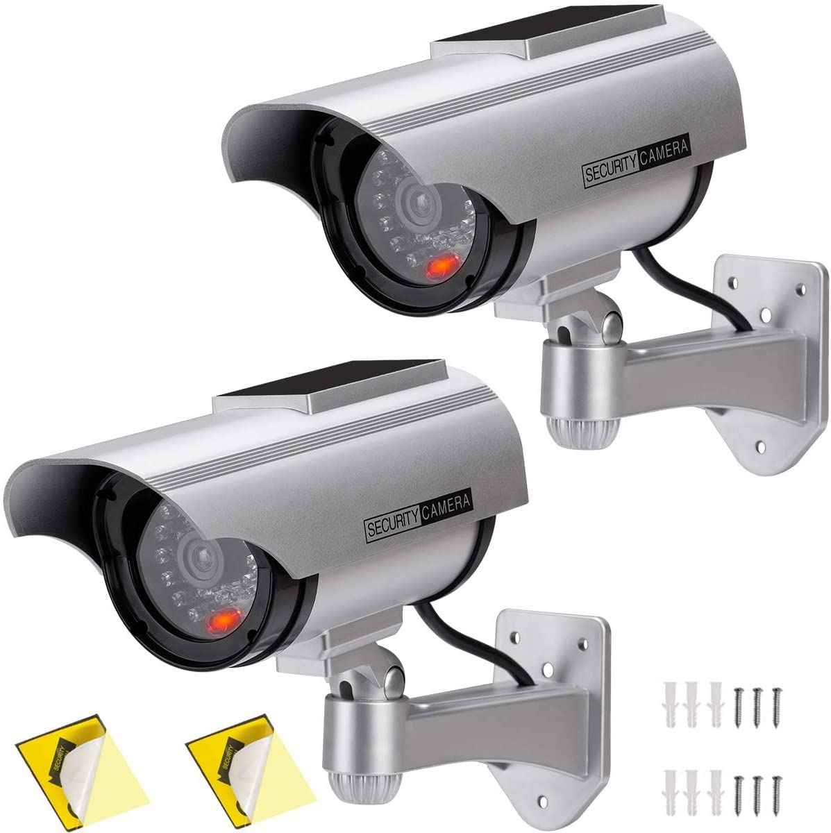 PreZiouz Solar Powered Dummy Security Camera Bullet - Simulated Surveillance System with Red LED Light and CCTV Stickers for Home and Business (2 Packs Silver)
